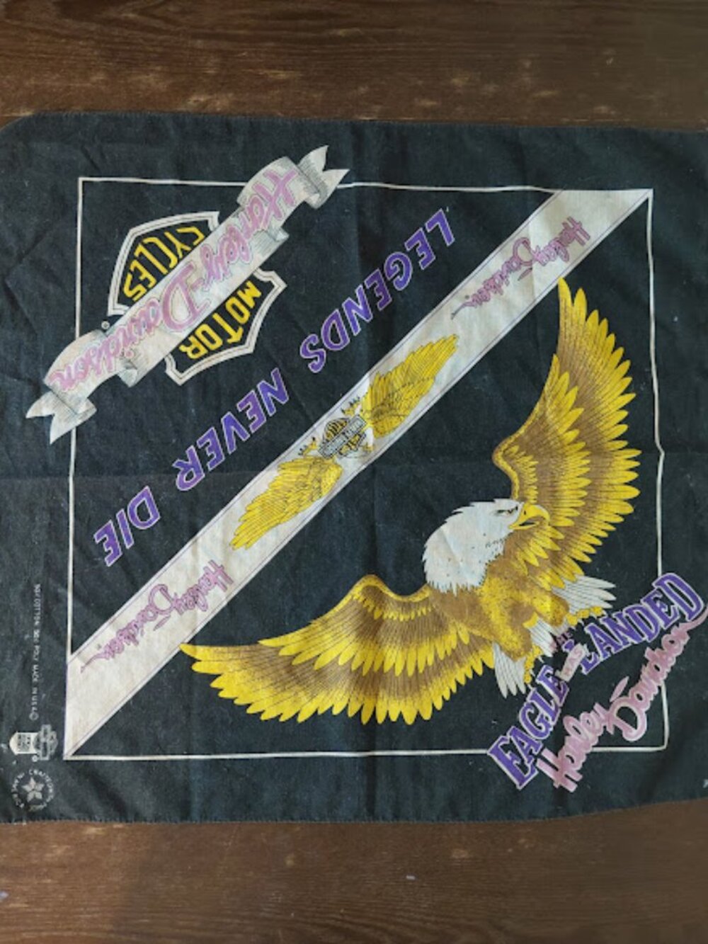 Vintage 80's Harley Davidson 3-D Emblem Pink Purple "Legends Never Die" Bandana
